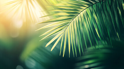 Obraz premium A beautiful abstract nature background featuring fresh green palm leaves, with sunshine illuminating the lush foliage, creating a soothing summer atmosphere.