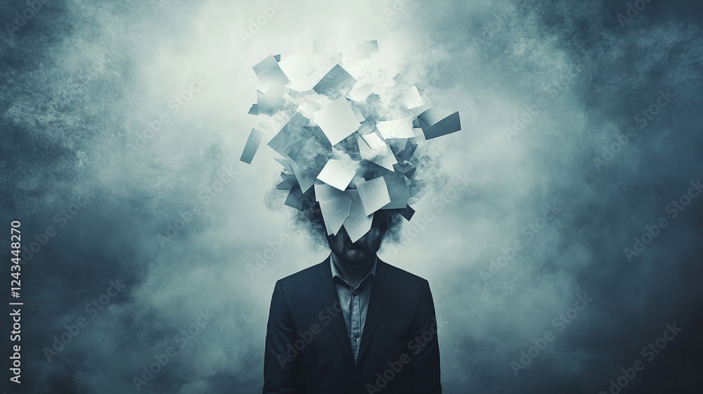 Poster Office worker overwhelmed by information overload, depicted with an exploding head of papers and smoke, illustrating stress and mental health challenges in modern work