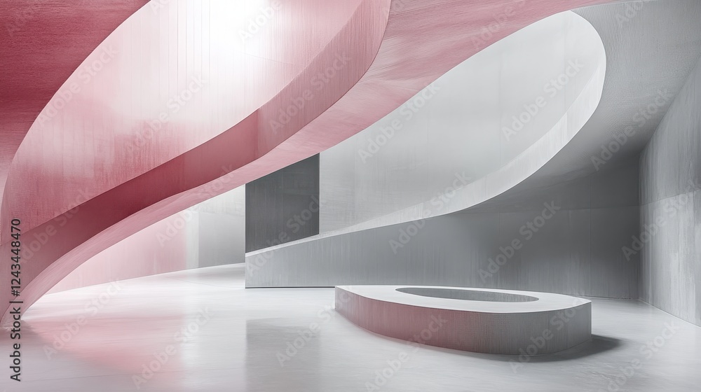 Poster Muted gray and pink mist dissolving into fluid minimalist shapes in an abstract space