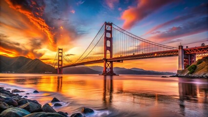 Obraz premium Golden Gate Bridge Sunset Panorama: Iconic San Francisco Landmark at Dusk