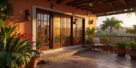 Fototapeta premium Vista del jard?n de una casa tradicional mexicana al atardecer, landscape, villa, rural