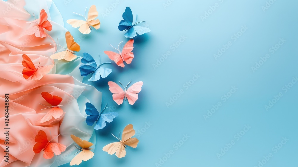 Poster a vibrant display of colorful butterflies on a soft, textured background, creating a whimsical and e