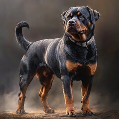 Fototapeta premium Majestic Rottweiler Standing Still with Curled Tail and Alert Ears
