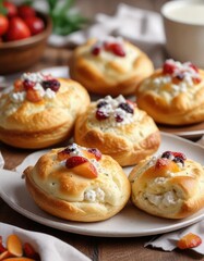 Fototapeta premium Sweet pastries with cottage cheese filling on a plate, desserts, honey