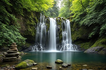 Obraz premium Peaceful waterfall flowing into a clear pool, surrounded by moss-covered rocks and dense green foliage, creating a tranquil nature scene. Ai generative