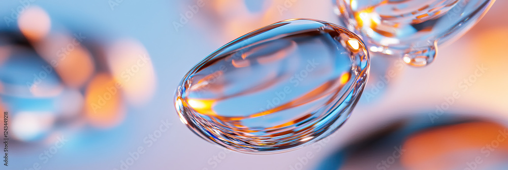 Poster two translucent droplets with internal reflections and background blur