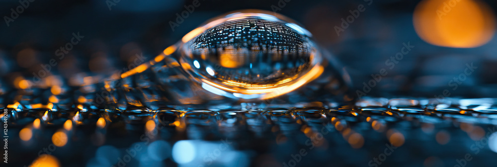 Poster close-up of transparent sphere on reflective surface with internal grid pattern