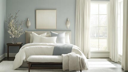 Elegant bedroom decor with soft blue accents and natural light illuminating the serene atmosphere