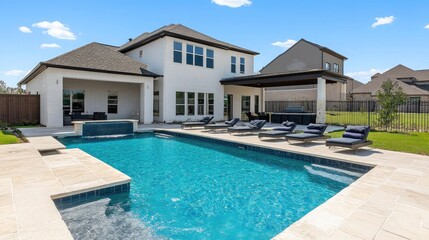 Fototapeta premium Backyard pool area with a patio, sun loungers, and a modern home in the background