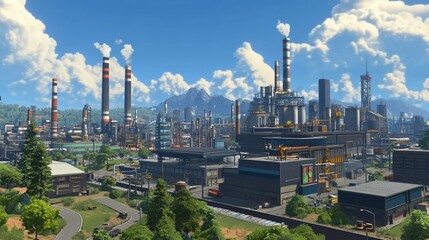 Fototapeta premium Industrial city skyline with factories, mountains, and green spaces.
