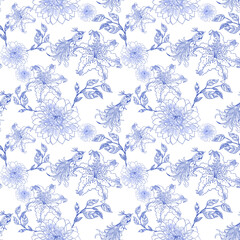 Toile De Jouy Vintage Elegant Graphics. Featuring delicate Lily florals, goliage, Dahlia, graceful birds, and romantic motifs