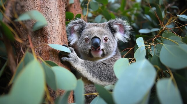 Adorable koala bear nestled in eucalyptus tree, looking directly at the camera.