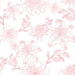 Fototapeta premium Toile De Jouy Vintage Elegant Graphics. Featuring delicate Lily florals, goliage, Dahlia, graceful birds, and romantic motifs
