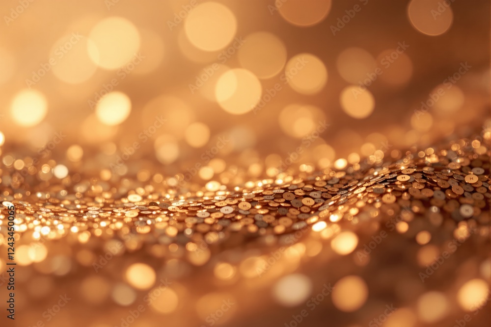 Poster golden sequins with blurred bokeh lights in warm tones, creating a festive and luxurious background.