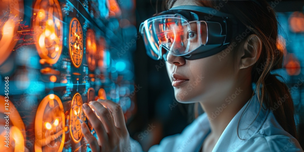 Aufkleber a futuristic scientist wearing augmented reality goggles analyzing brain scans on a high-tech hologr