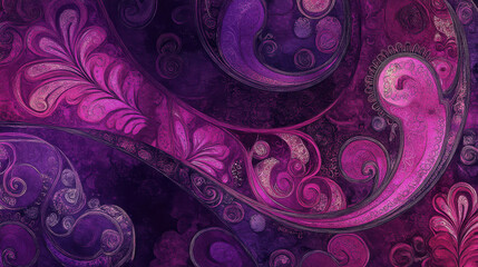 Sophisticated paisley design with ornate swirls and floral embellishments, deep plum and rose tones, finely detailed linework
