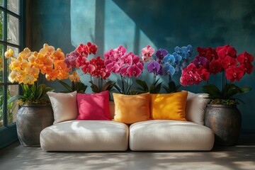Colorful orchids enhance modern living space with bright cushions and natural light