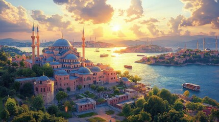 Naklejka premium Istanbul Mosque Sunset: Golden Hour Panorama over the Bosphorus
