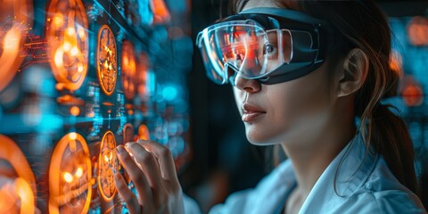 A futuristic scientist wearing augmented reality goggles analyzing brain scans on a high-tech holographic interface