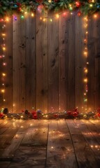 Warmly glowing multicolored Christmas lights adorn a rustic wooden backdrop , rustic wood, cozy atmosphere