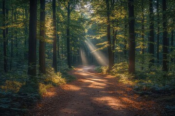Obraz premium Sunlit Forest Path A Serene Autumnal Scene