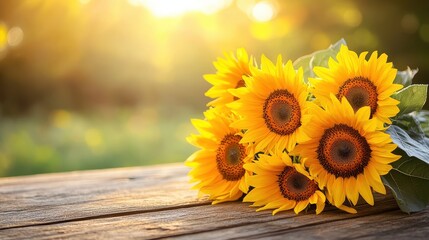 Sunlit Sunflower Bouquet: A vibrant bouquet of sunflowers in full bloom basks in the golden rays of the setting sun, their bright yellow petals radiating warmth and happiness. © godex