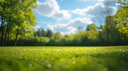 Fototapeta premium A beautiful blurred image of spring nature features a neatly trimmed lawn surrounded by trees against a bright blue sky with fluffy clouds.