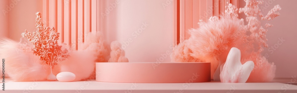 Aufkleber Elegant display of pastel coral and pink decor elements features soft textures and unique shapes in a serene setting