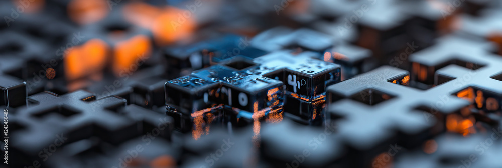 Poster metallic cross-shaped structures with numbered translucent cubes