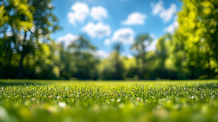 A beautiful blurred image of spring nature features a neatly trimmed lawn surrounded by trees against a bright blue sky with fluffy clouds.