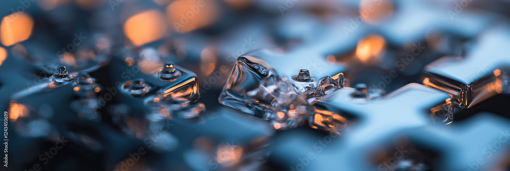 Poster close-up photograph of translucent cubic objects with reflective surfaces