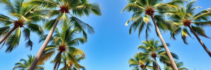 Tall green palm trees swaying in the wind, outdoor scenery, tall palm trees
