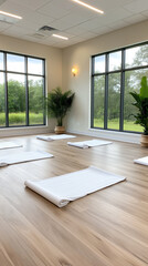 Fototapeta premium A clean and peaceful yoga studio featuring white mats, wooden floors, large windows, and lush greenery for a calming atmosphere. 