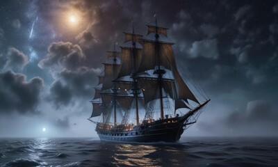 Tall ship navigating through dense fog under a starry night sky with dark clouds looming in the background, ocean view, nighttime fog