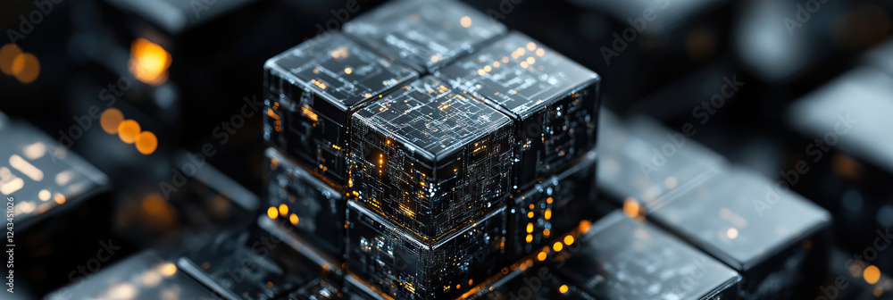 Poster image of interconnected cubes with circuit patterns and orange highlights