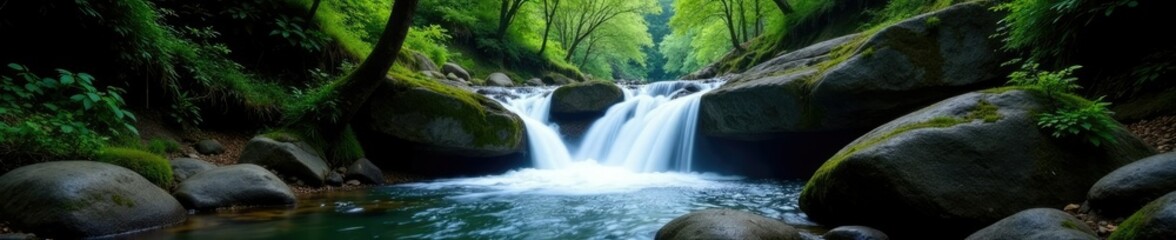 Waterfall flows through a narrow, rocky channel, waterfall, forest, natural