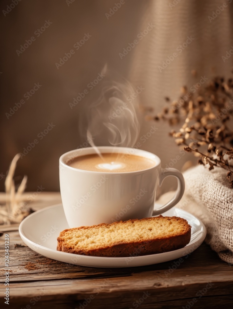 Poster steaming cup of espresso and a slice of cake on a rustic wooden table in a cozy atmosphere