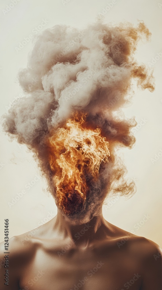 Poster surreal artwork depicting a head engulfed in fiery explosion and smoke. symbolizing mental burnout. 