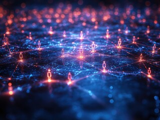 Fototapeta premium Abstract network with glowing line and node. At center of frame the glowing line and node are shapes of people or human connecting together.