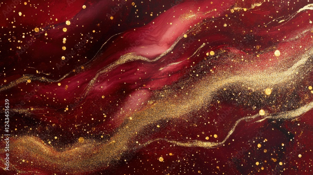 Poster Deep crimson and gold sparkles create a mesmerizing abstract blend with shadowy depths and luminous highlights