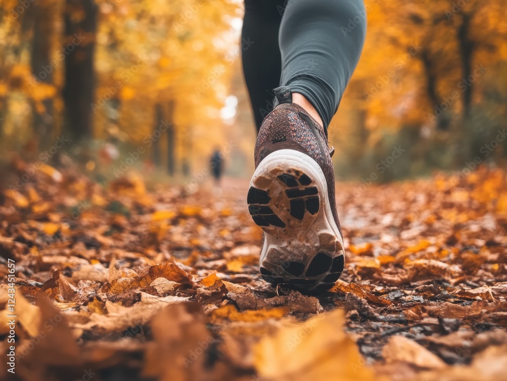 Poster jogger enjoys autumn trail in serene forest surrounded by colorful leaves during morning exercise