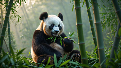 Obraz premium Giant Panda Enjoying Bamboo in Lush Green Forest, Serene Wildlife Moment