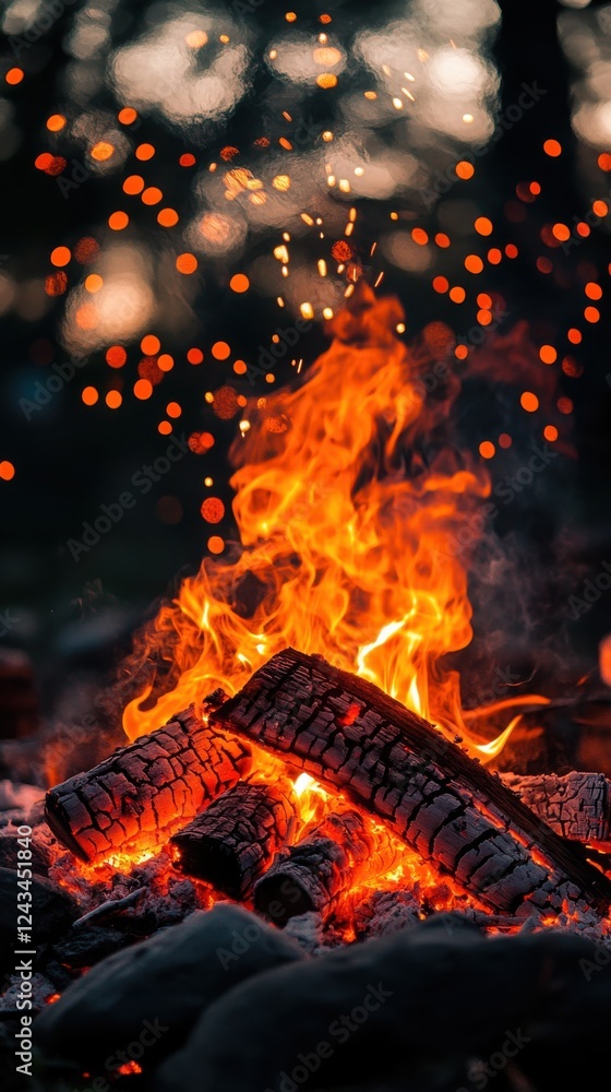 Poster bokeh lights sparkle around glowing orange flames and dark red embers creating a warm atmosphere at 
