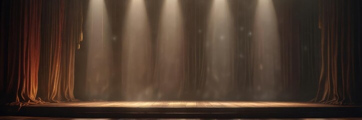 Fototapeta premium Theaters curtains slowly open to reveal a warm beam of light shining onto the darkened stage , dark stage, spotlight