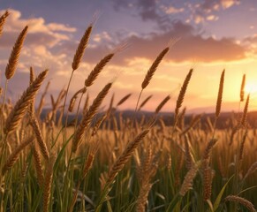 Fototapeta premium Wheat stalks swaying in the wind during sunset, soft focus, golden light