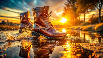 Golden Hour Puddle Splash: Weathered Boots Reflecting Sunset