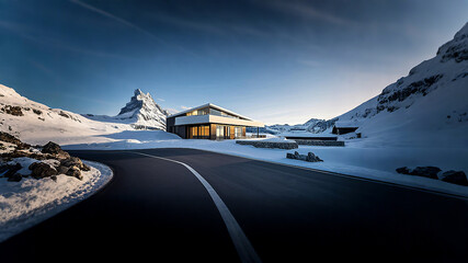 The clean asphalt road under the blue sky extends to the villa under the snow mountain