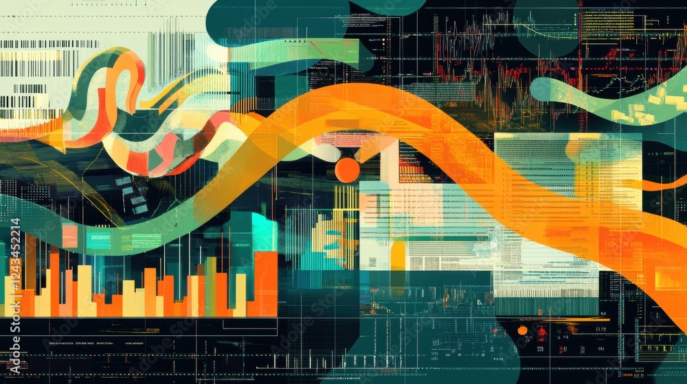 Fototapete abstract design showcasing the dynamic interplay of stocks and bonds with vibrant colors and vivid p