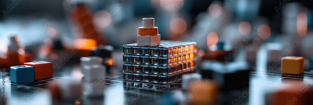 Poster transparent cube structure with stacked colored blocks