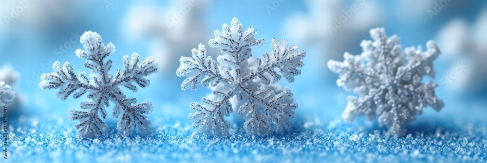 Poster unique snowflakes in various shapes scattered on a soft blue gradient background